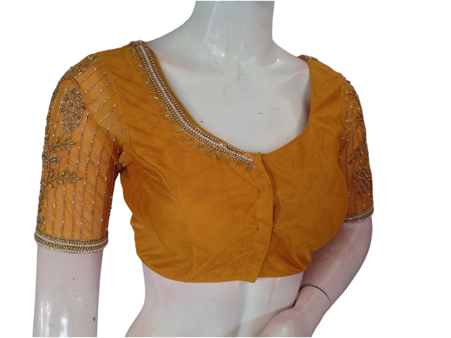 Mustard Yellow Color Designer Netted Aari Handwork Saree Blouses