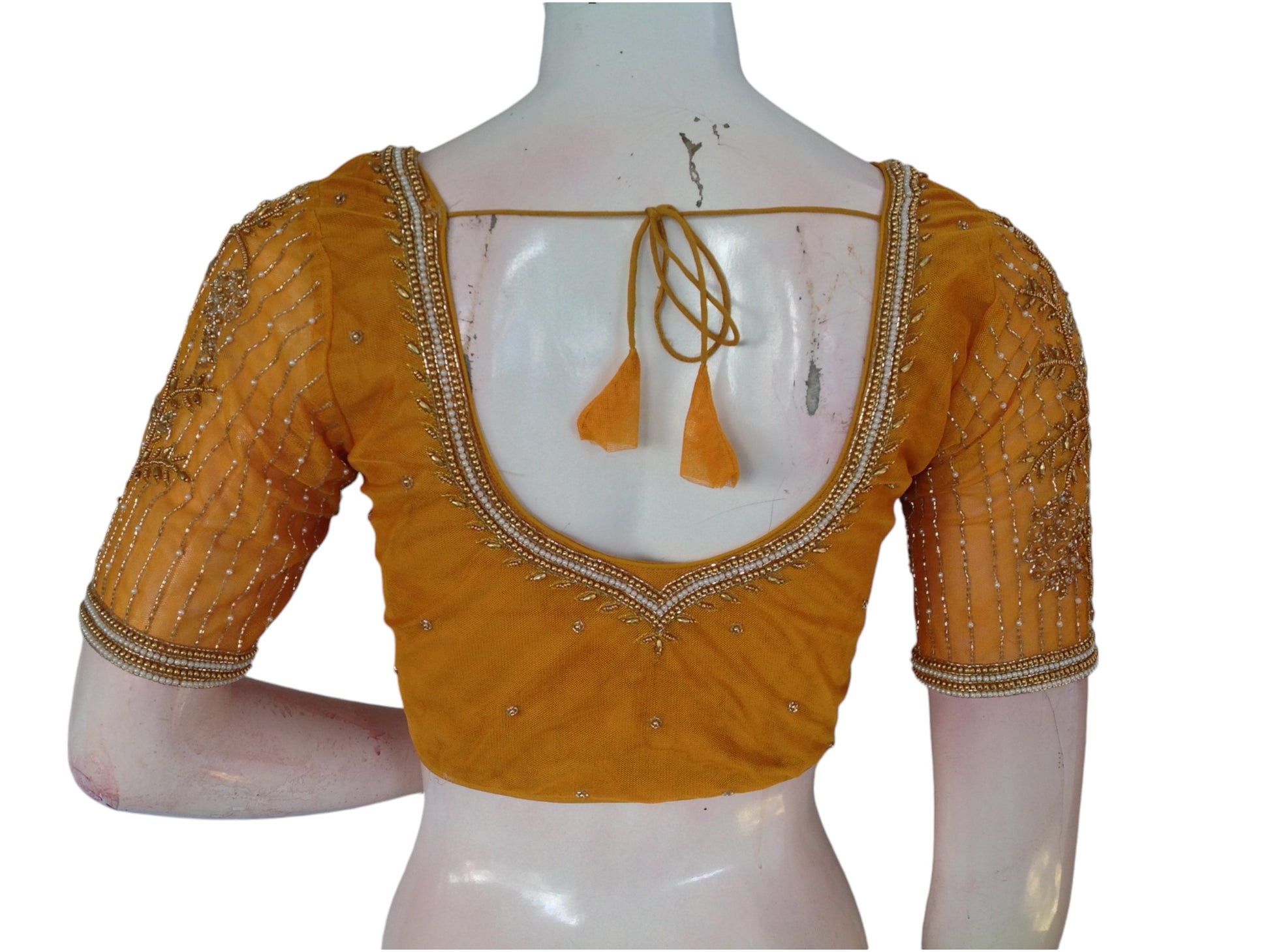 Mustard Yellow Color Designer Netted Aari Handwork Saree Blouses 