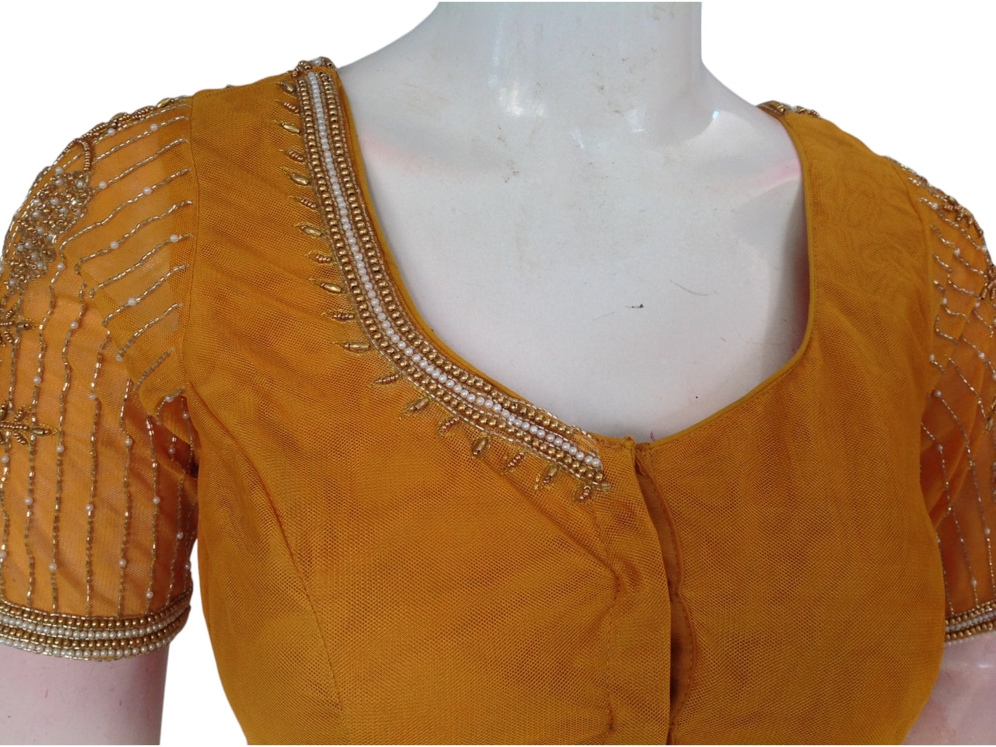 Mustard Yellow Color Designer Netted Aari Handwork Saree Blouses