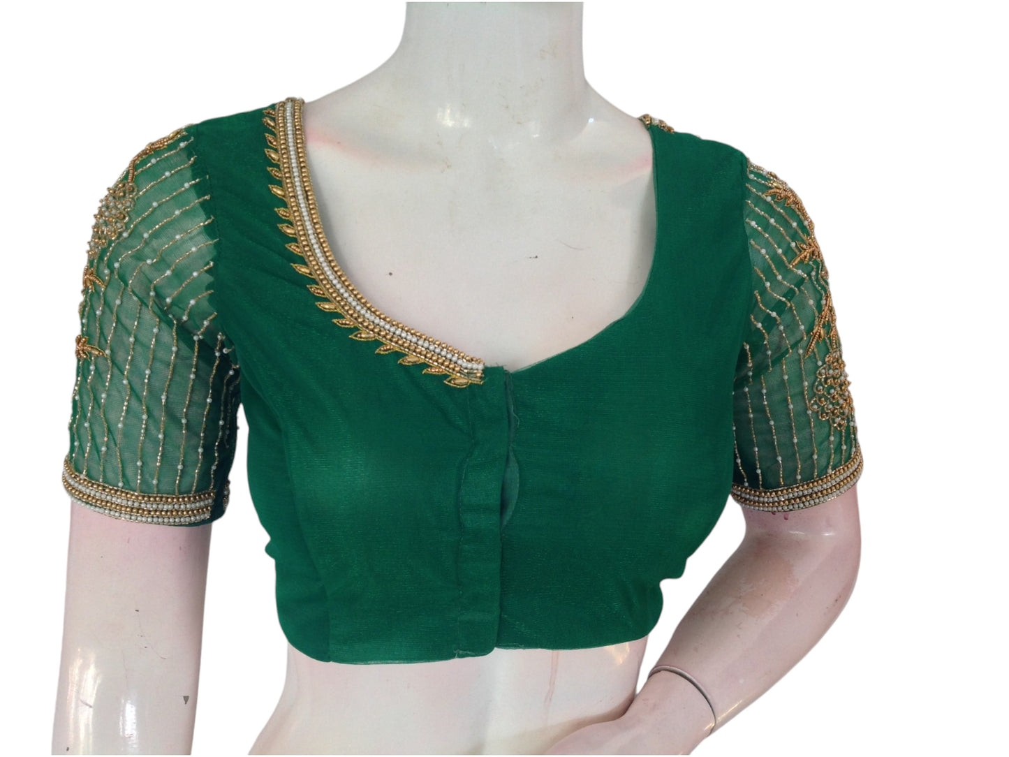 Green Color Designer Netted Aari Handwork Readymade Saree Blouses