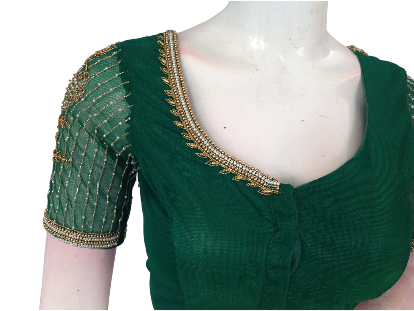 Green Color Designer Netted Aari Handwork Readymade Saree Blouses