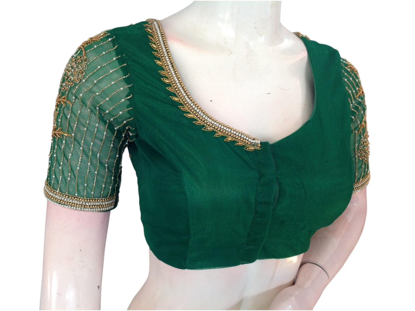 Green Color Designer Netted Aari Handwork Readymade Saree Blouses