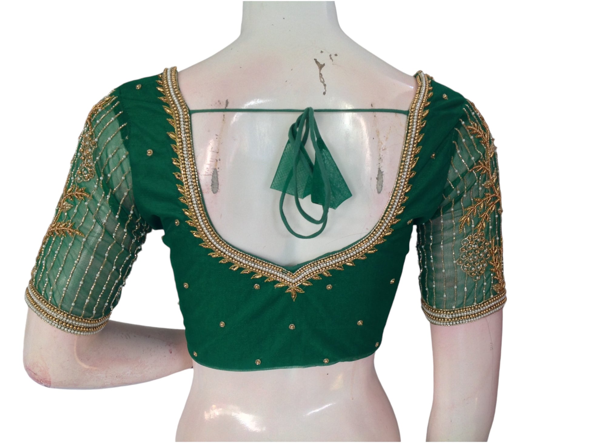 Green Color Designer Netted Aari Handwork Readymade Saree Blouses 