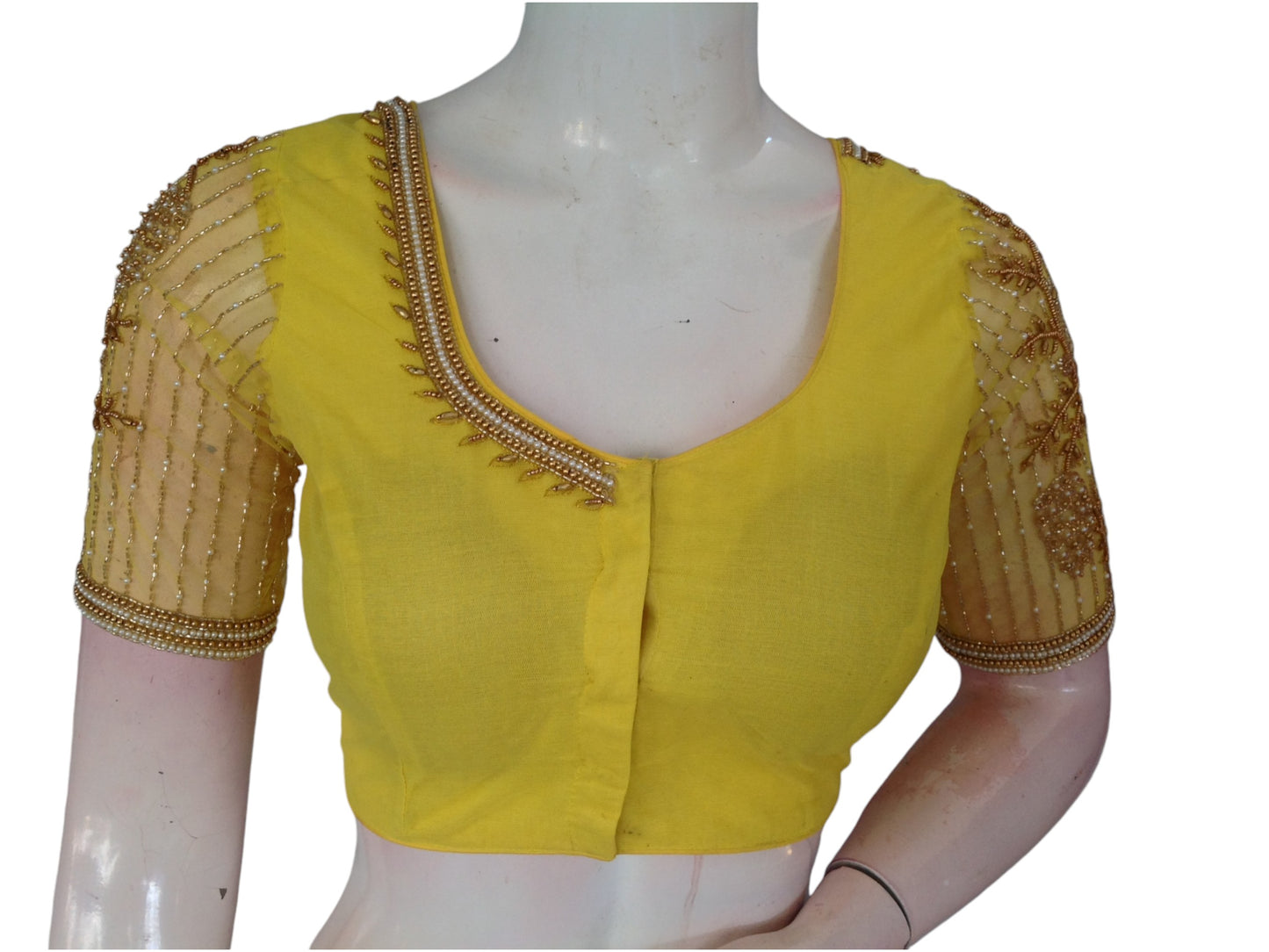 Yellow Color Designer Netted Aari Handwork Readymade Saree Blouses