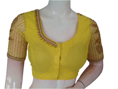 Yellow Color Designer Netted Aari Handwork Readymade Saree Blouses