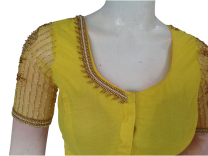 Yellow Color Designer Netted Aari Handwork Readymade Saree Blouses