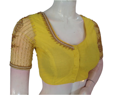 Yellow Color Designer Netted Aari Handwork Readymade Saree Blouses