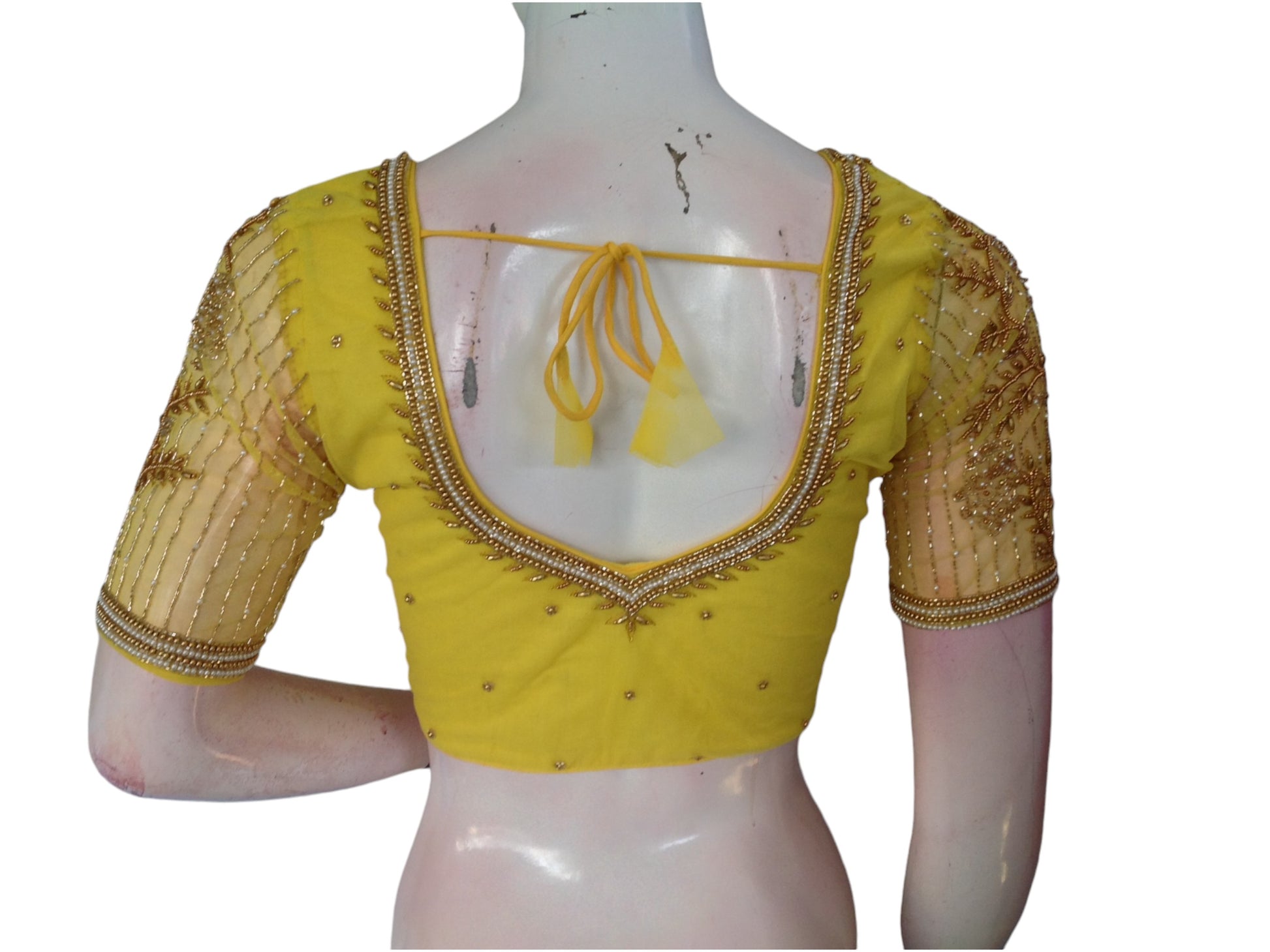 Yellow Color Designer Netted Aari Handwork Readymade Saree Blouses 