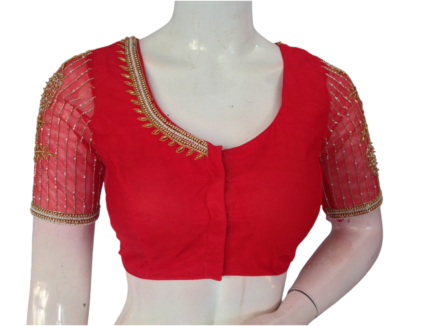 Radiant Red: Designer Netted Aari Handwork Readymade Saree Blouse