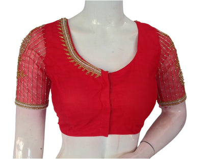 Radiant Red: Designer Netted Aari Handwork Readymade Saree Blouse