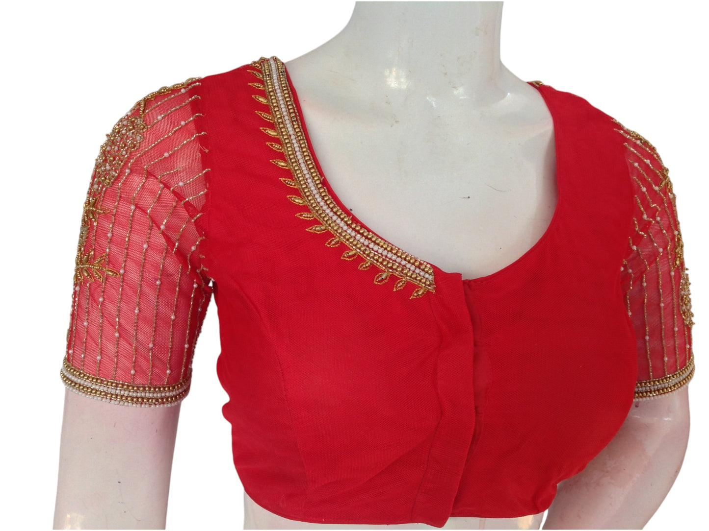 Radiant Red: Designer Netted Aari Handwork Readymade Saree Blouse