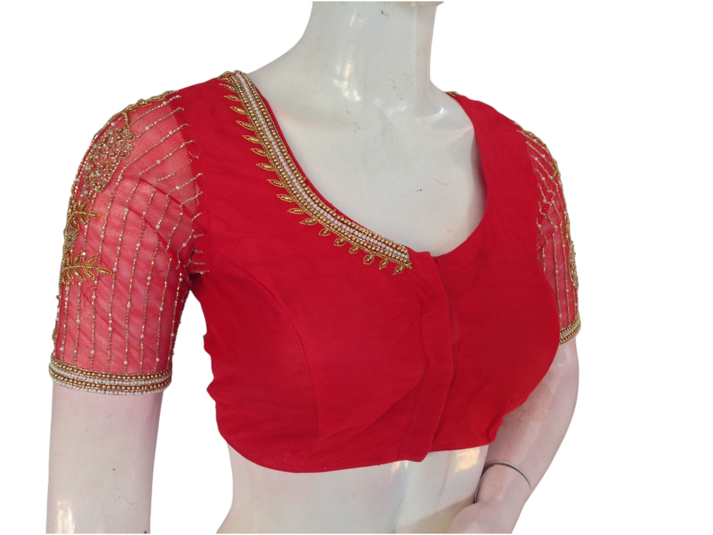 Radiant Red: Designer Netted Aari Handwork Readymade Saree Blouse