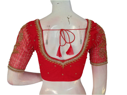 Radiant Red: Designer Netted Aari Handwork Readymade Saree Blouse