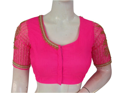 Pink Paradise: Designer Netted Aari Handwork Indian Saree Blouse