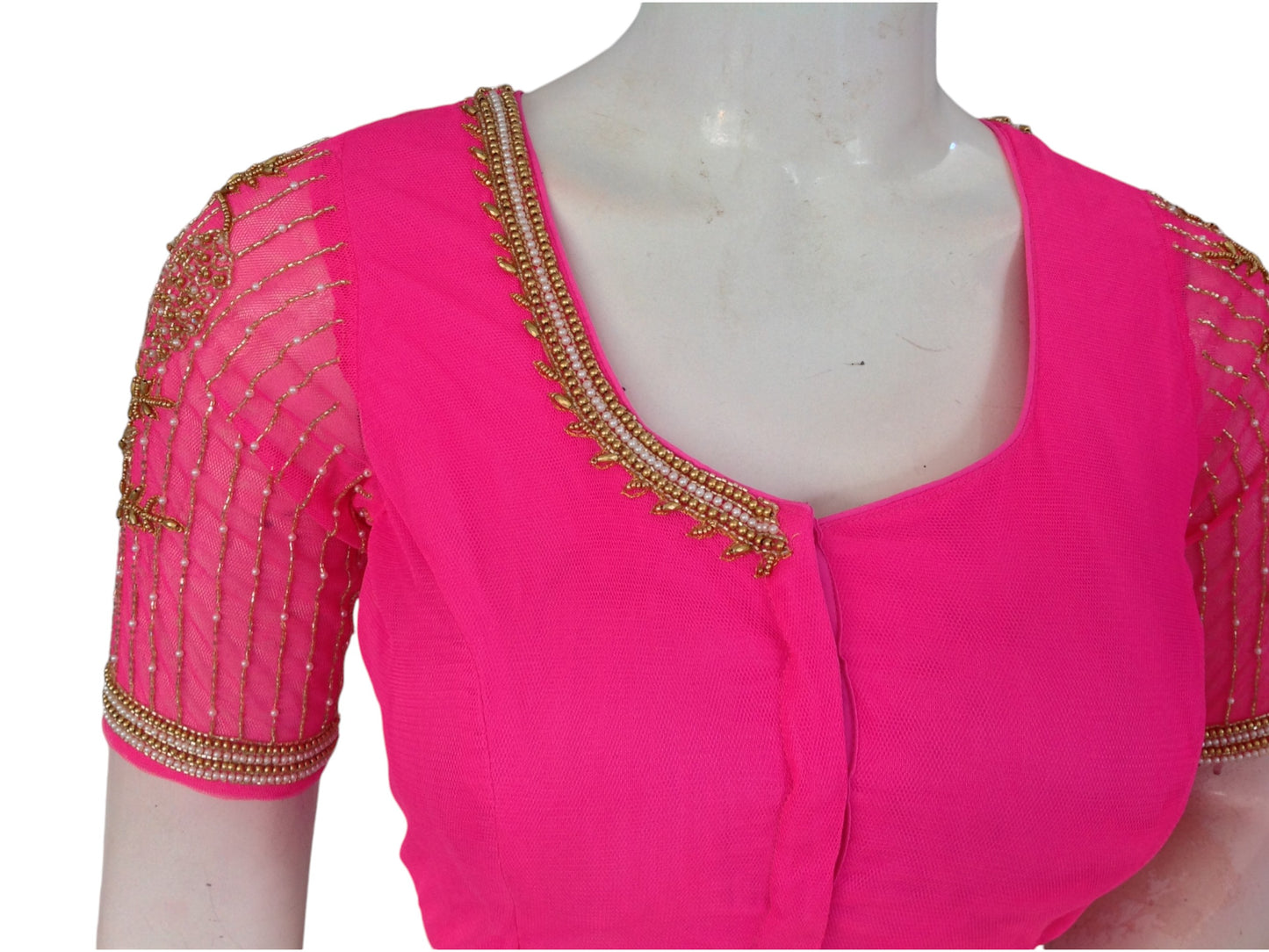 Pink Paradise: Designer Netted Aari Handwork Indian Saree Blouse