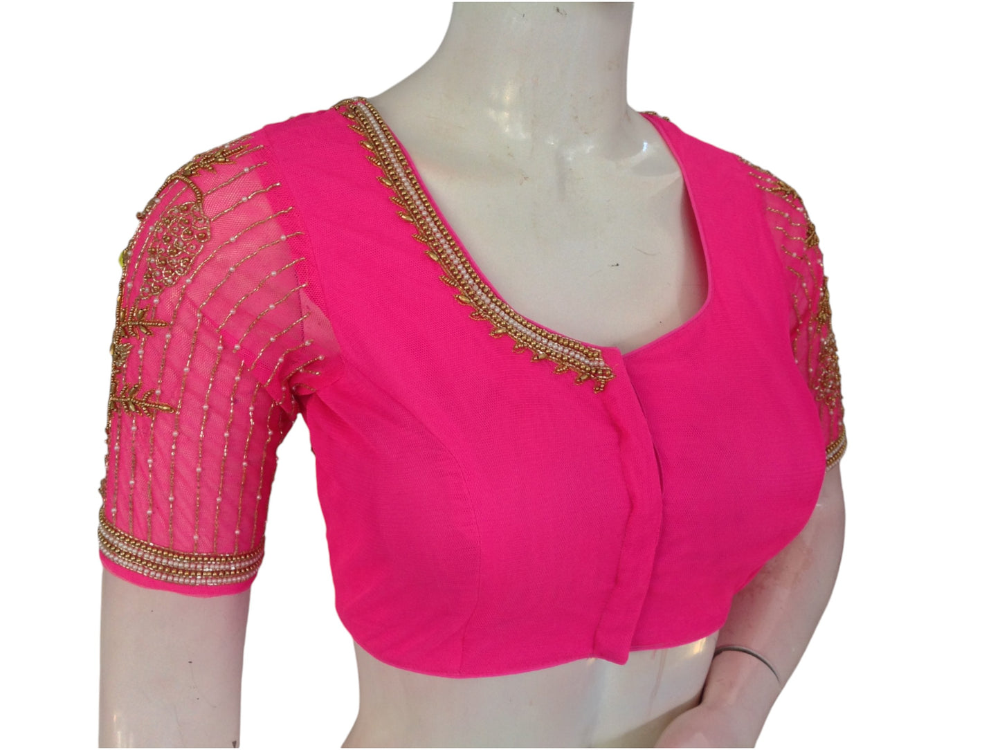 Pink Paradise: Designer Netted Aari Handwork Indian Saree Blouse