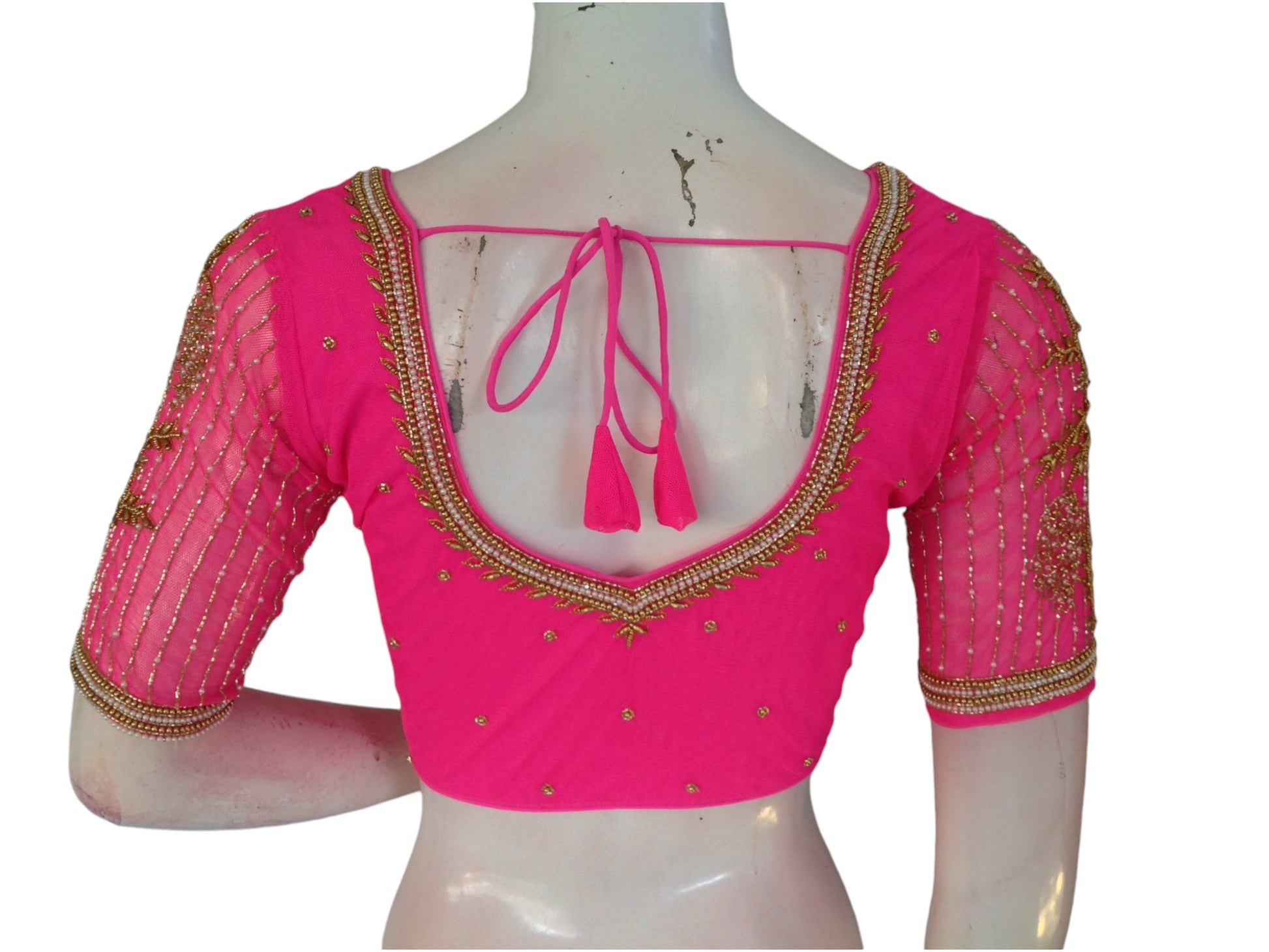 Pink Paradise: Designer Netted Aari Handwork Indian Saree Blouse