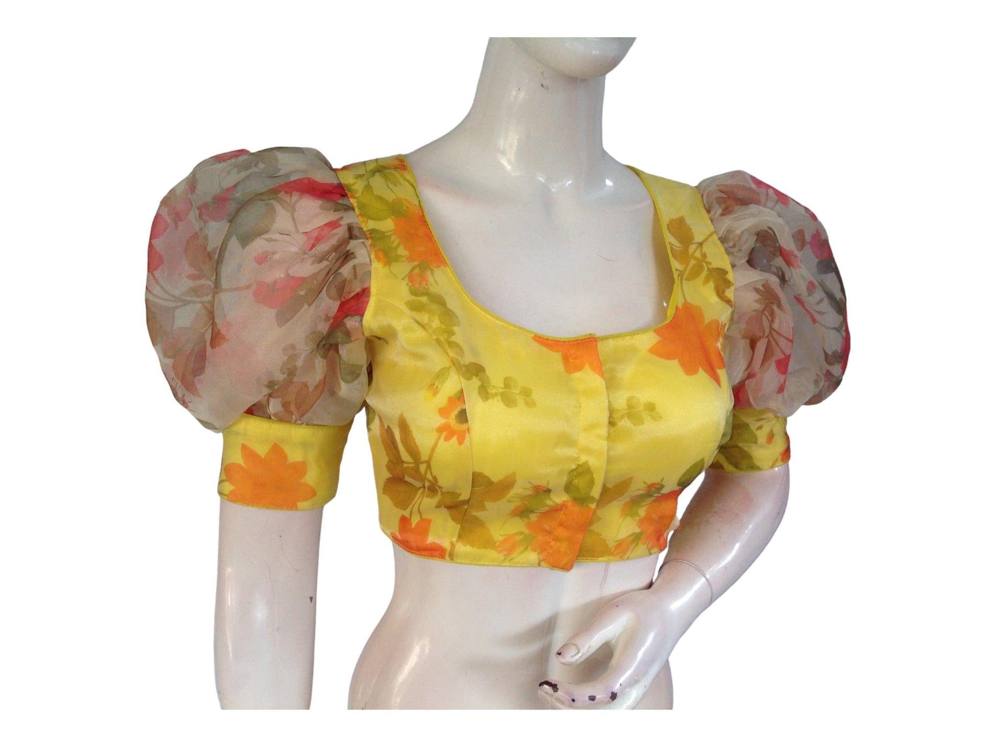 Yellow Color Designer Organza Balloon Sleeves Readymade Saree Blouse - D3blouses