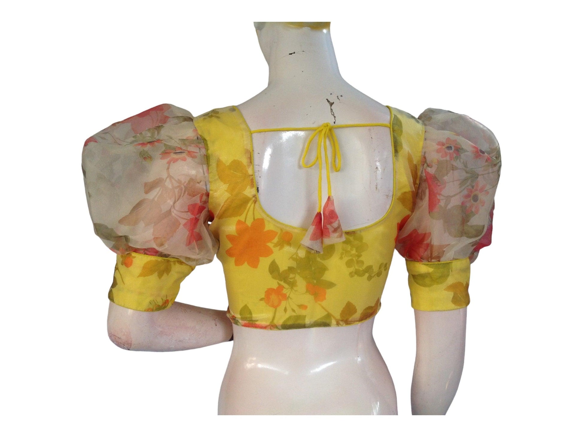 Yellow Color Designer Organza Balloon Sleeves Readymade Saree Blouse - D3blouses