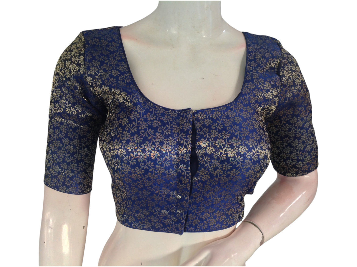 Navy Blue Brocade Silk Readymade Saree Blouse: A Classic Choice