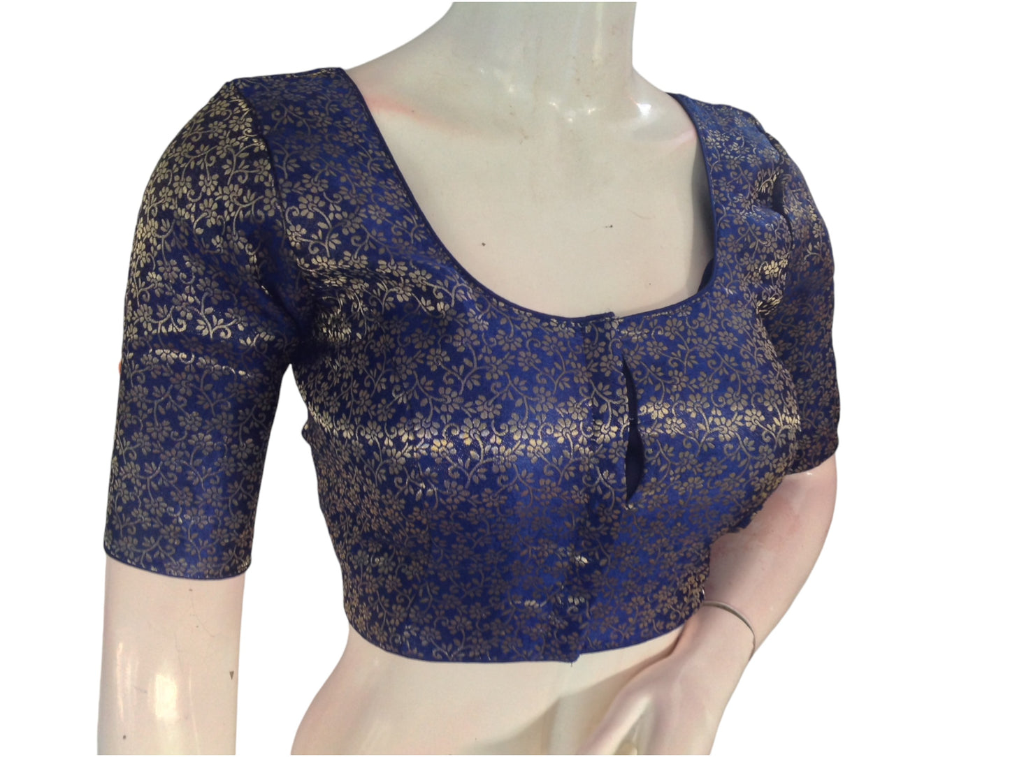 Navy Blue Brocade Silk Readymade Saree Blouse: A Classic Choice