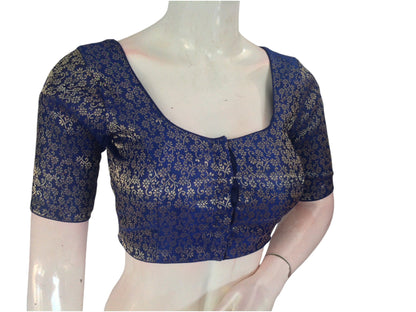 Navy Blue Elegance: Brocade Silk Readymade Saree Blouse