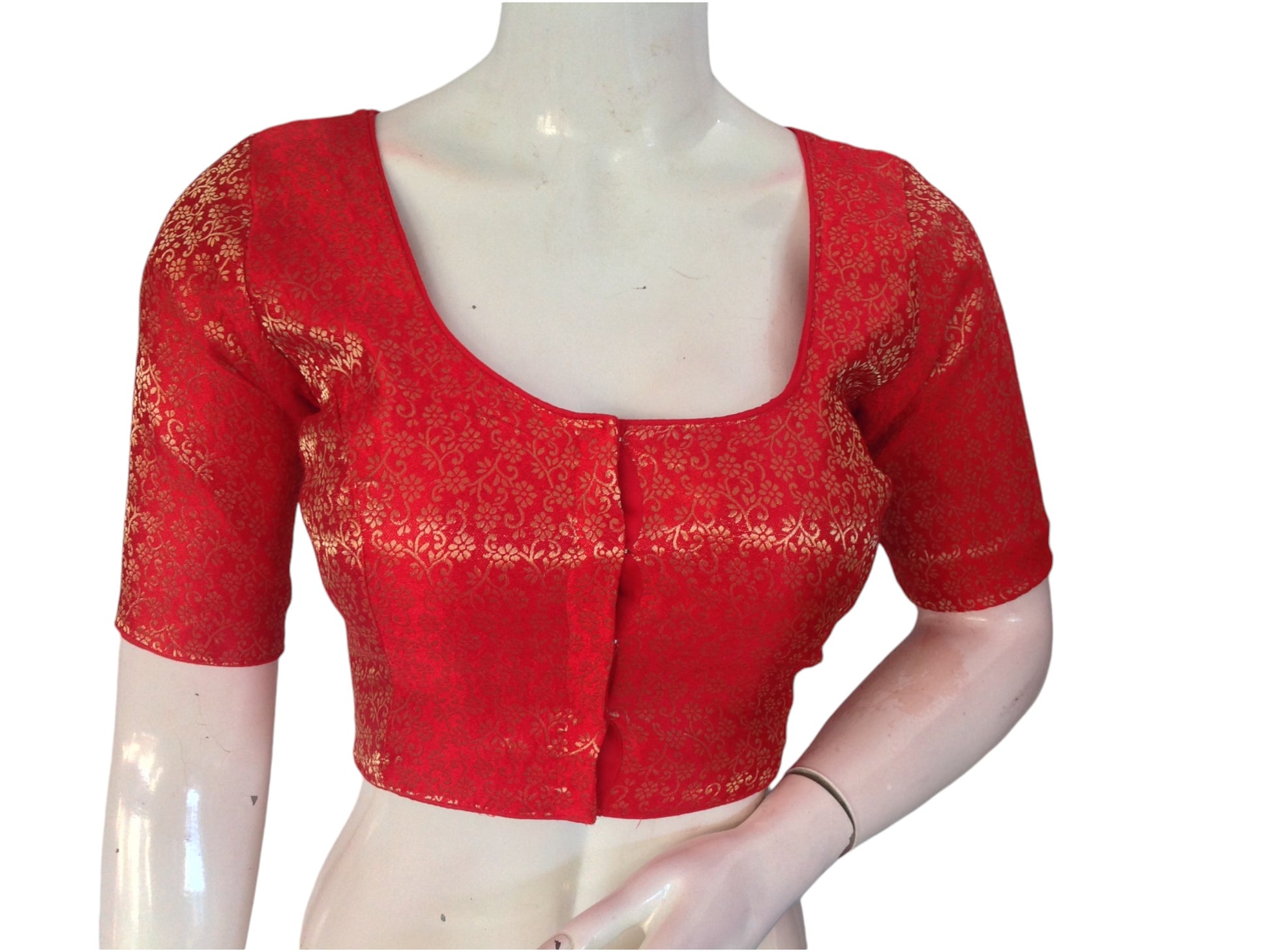  Ruby Red Radiance: Plus Size Readymade Brocade Silk Saree Blouse