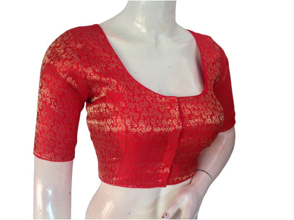 Ruby Red Radiance: Plus Size Readymade Brocade Silk Saree Blouse