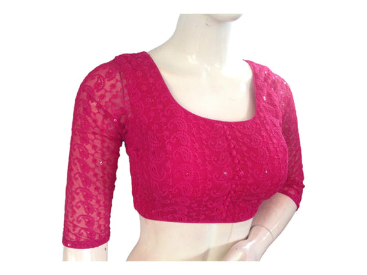 Light Magenta Color 3/4th Sleeves Chikankari Embroided Sequins Readymade Saree Blouse - D3blouses
