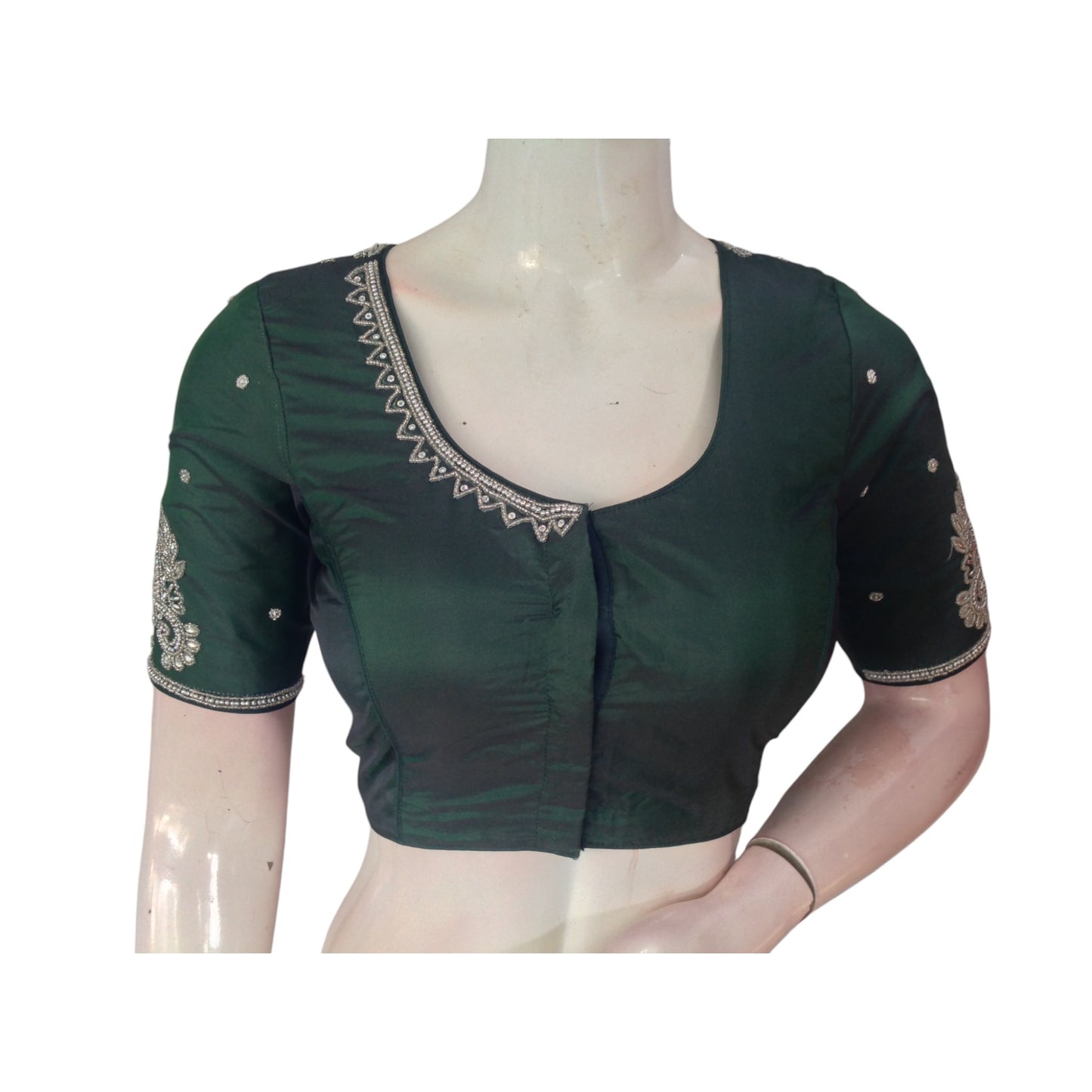 Emerald Elegance: Dark Green Aari Handwork Bridal Silk Saree Blouse