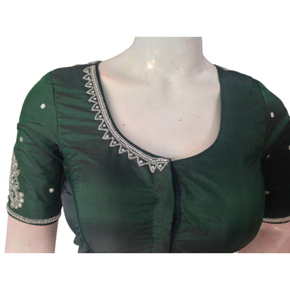 Emerald Elegance: Dark Green Aari Handwork Bridal Silk Saree Blouse