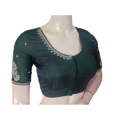 Emerald Elegance: Dark Green Aari Handwork Bridal Silk Saree Blouse