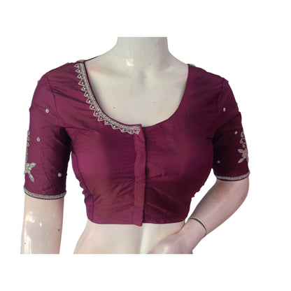 Rhapsody Dark Purrple: Aari Handwork Wedding Silk Saree Readymade Blouse