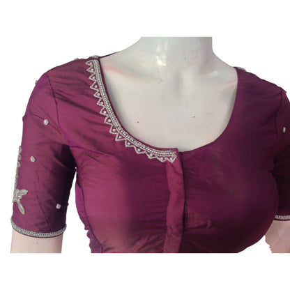 Rhapsody Dark Purrple: Aari Handwork Wedding Silk Saree Readymade Blouse