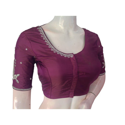 Rhapsody Dark Purrple: Aari Handwork Wedding Silk Saree Readymade Blouse