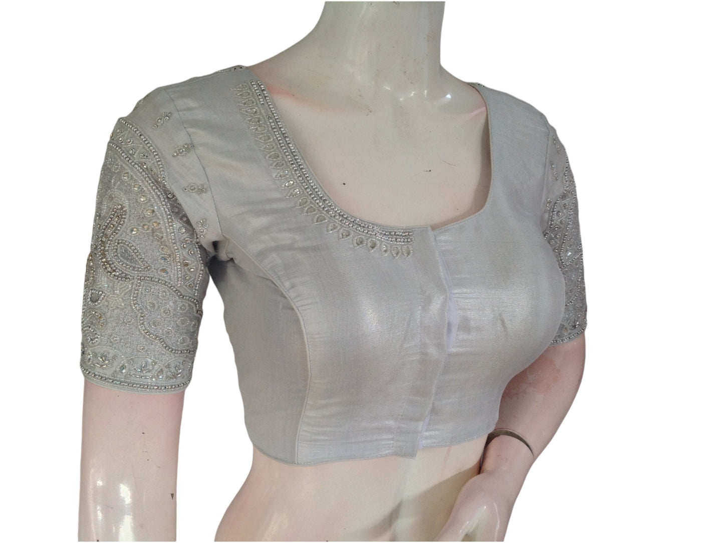 Regal Silver Aari Handwork Tissue Silk Saree Blouse with Peacock Design