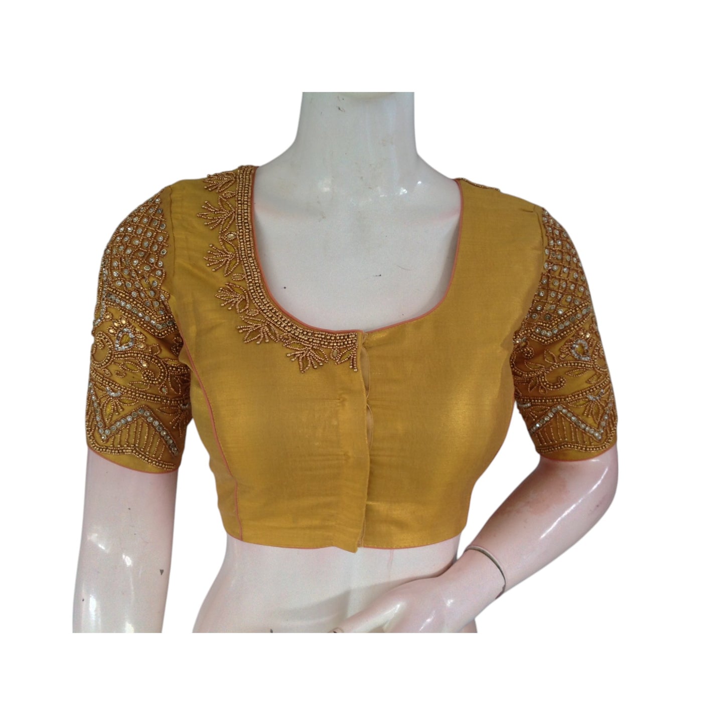 Golden Radiance: Aari Handwork Tissue Silk Wedding Readymade Blouse