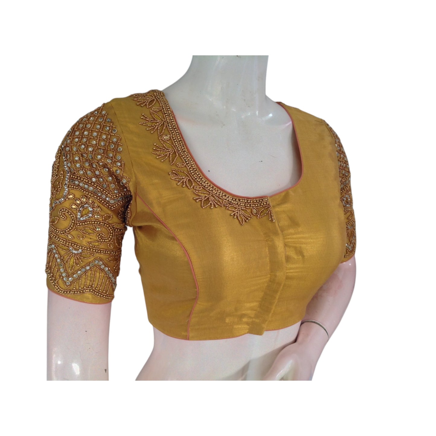 Golden Radiance: Aari Handwork Tissue Silk Wedding Readymade Blouse