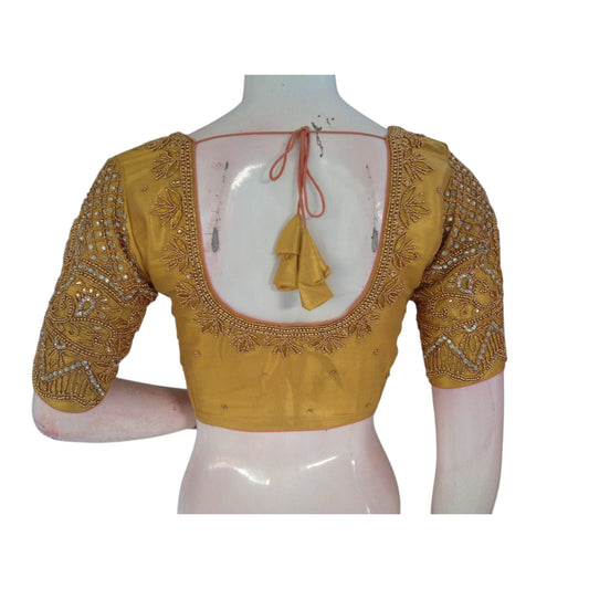 Golden Radiance: Aari Handwork Tissue Silk Wedding Readymade Blouse