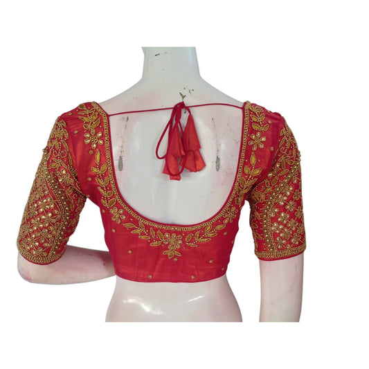 Pinkish Red Tissue Silk Aari Handwork Blouse: A Touch of Romance