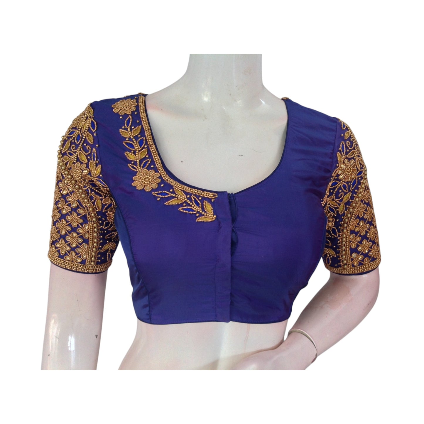 Elegant Navy Blue Aari Handwork Wedding Silk Saree Readymade Blouse