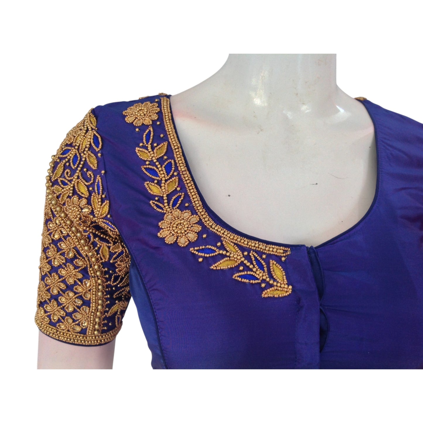 Elegant Navy Blue Aari Handwork Wedding Silk Saree Readymade Blouse