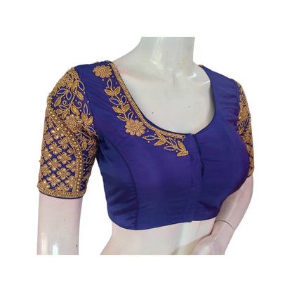 Elegant Navy Blue Aari Handwork Wedding Silk Saree Readymade Blouse