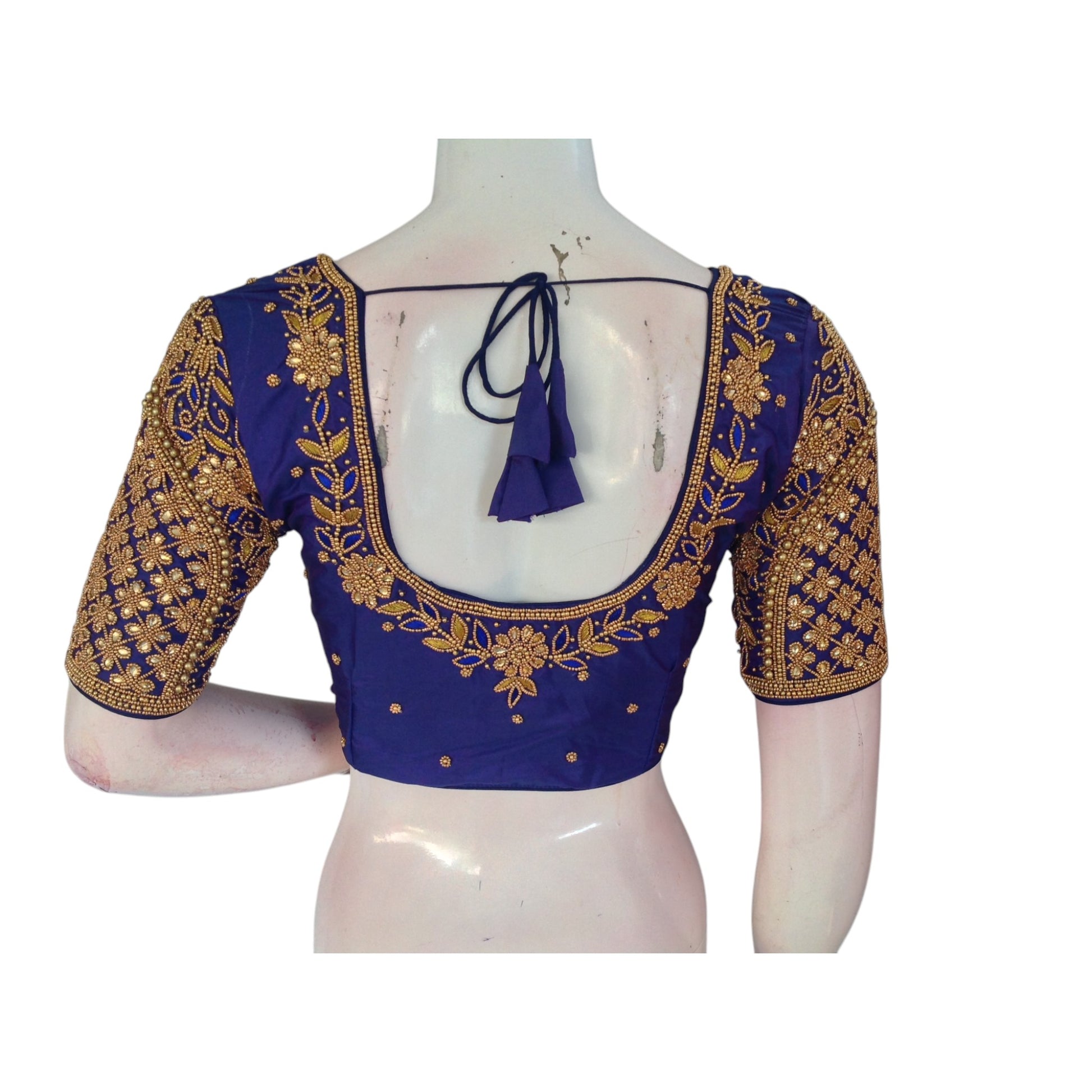 Elegant Navy Blue Aari Handwork Wedding Silk Saree Readymade Blouse