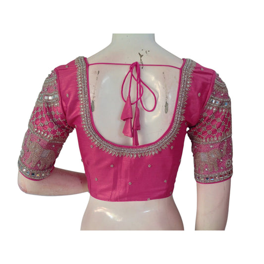 Delicate Dark Baby Pink Tissue Silk Silver Aari Handwork Blouse 