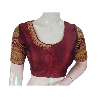 Burgundy Beauty: Aari Handwork on Dark Maroon Tissue Silk Blouse