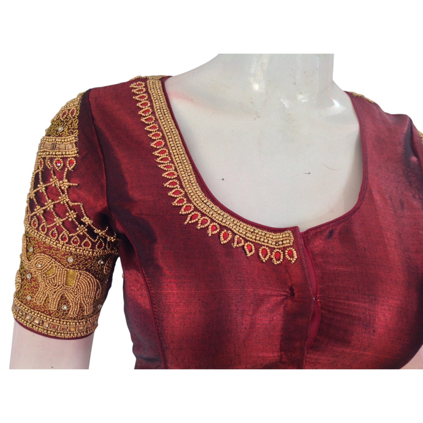 Burgundy Beauty: Aari Handwork on Dark Maroon Tissue Silk Blouse