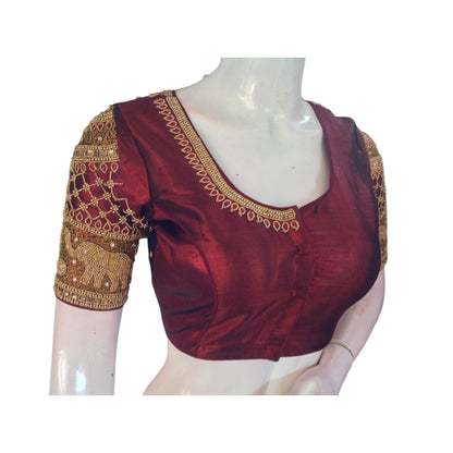 Burgundy Beauty: Aari Handwork on Dark Maroon Tissue Silk Blouse