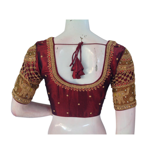 Handcrafted Luxury: Dark Maroon Tissue Silk Aari Handwork Blouse