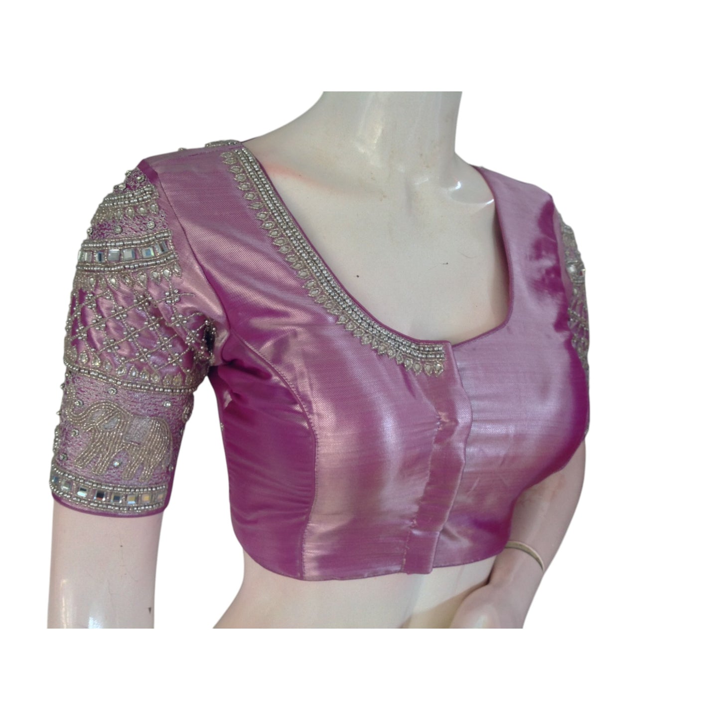 Dreamy Pastel Magenta Tissue Silk Aari Handwork Wedding Readymade Blouse